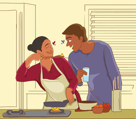 couple cooking together in kitchen, preparing food, good moment of life