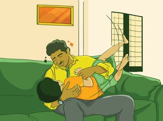 father with kid boy playing at home, refreshing mood. parent with kid