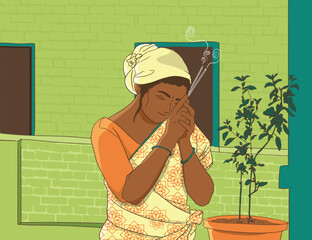 indian women praying to tulsi plant, worshipping plant, indian culture, indian ritual