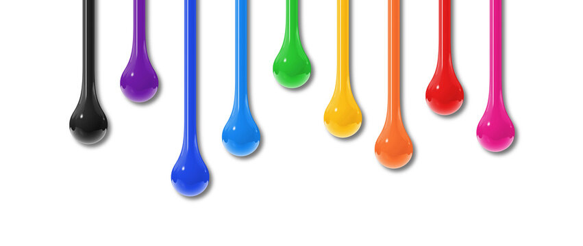 Colorful ink drops on transparent background. Horizontal banner