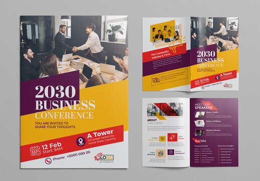 Bifold Conference Brochure Template With Multicolored Accents