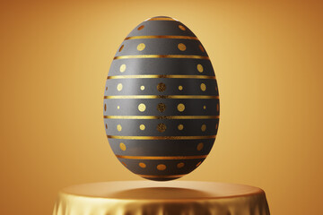 Easter card. Black Easter egg with painted golden lines and circles. Easter egg on a background of golden fabric. 3d render.