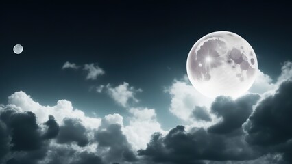Naklejka na ściany i meble Night landscape of sky with a cloudy and bright full moon with shiny.