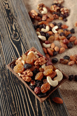 Mix of nuts and raisins on a wooden table.