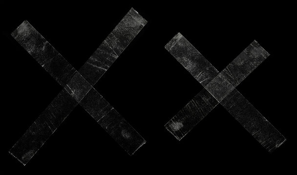 two sets of transparent sticky tapes forming the letter x or overlapping each other on black background, crumpled plastic snips, poster design overlays or elements.