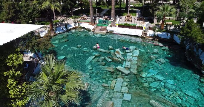 denizli Pamukkale historical thermal pool and drone view of historical monuments