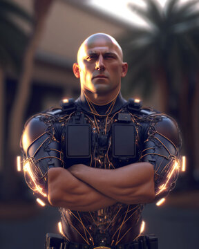A man standing in front of a neon sign, cyberpunk art, neo-figurative, dystopian art, circuitry, dark synth