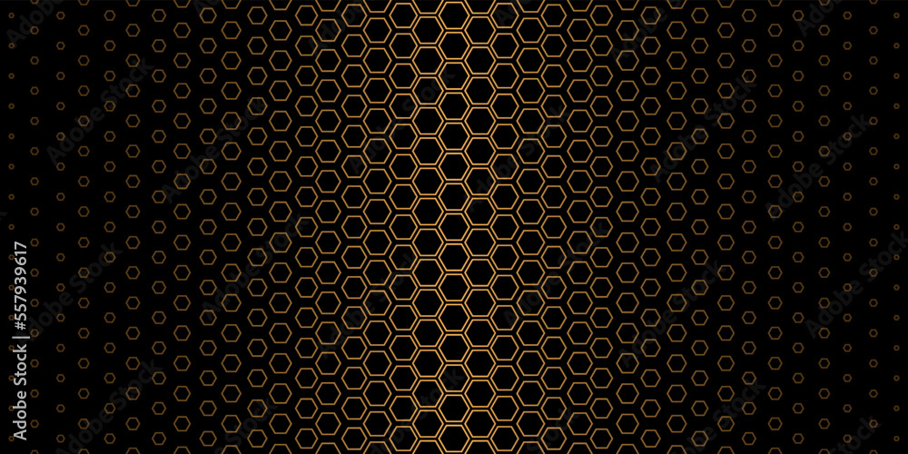 Poster abstract geometric hexagonal pattern. fashion design of golden hexagons on black background. vector 