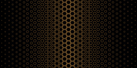 Abstract geometric hexagonal pattern. Fashion design of golden hexagons on black background. Vector Illustration
