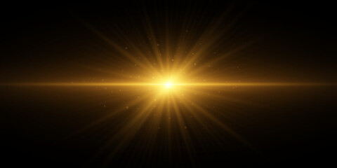 Horizontal golden sparkling light effect with glowing dust isolated on black background. Vector illustration