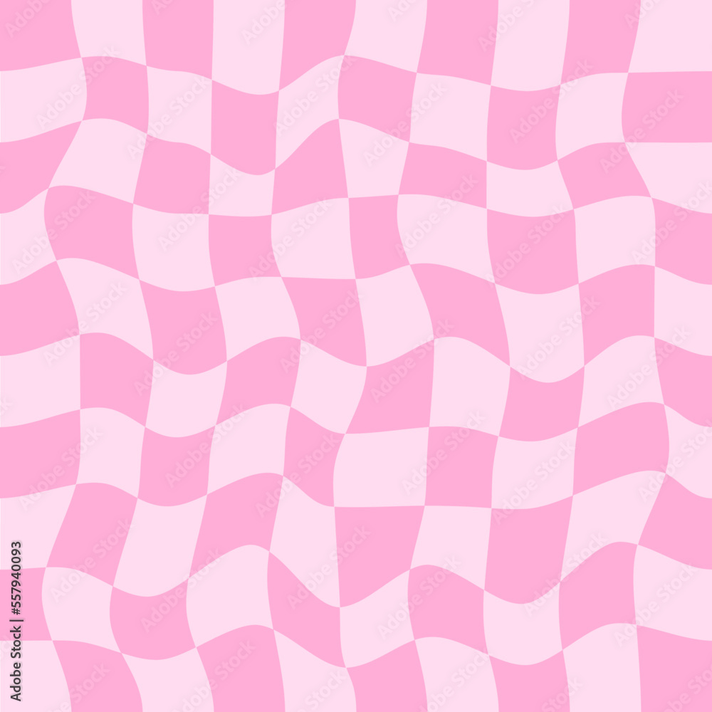 Aufkleber Twisted checkered colorful background. Abstract vector seamless pattern. Retro wavy psychedelic checkerboard. Pink colors