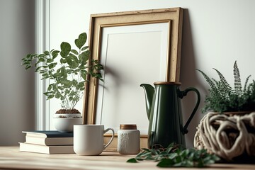 Vertical wooden passe-partout picture frame mockup on a wooden table with a vase, a cup and other ceramic decors. Blank picture frame mockup.