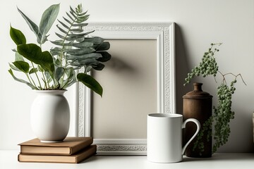 Vertical white passe-partout picture frame mockup on a wooden table with a vase and a cup. Blank picture frame mockup.