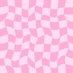 Twisted checkered colorful background. Abstract vector seamless pattern. Retro wavy psychedelic checkerboard. Pink colors