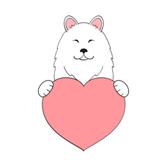Cute cartoon dog holding his heart in his paws. Valentine's Day greeting card with space for text. Design for invitation, card, flyer, brochure, banner. Little pets in love. A declaration of love