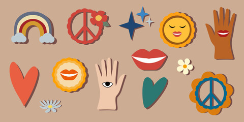 Groovy hippie 70s stickers collection. Hands up with heart and eye Funny cartoon flowers, rainbow, peace, hearts, daisy Trendy retro psychedelic cartoon style. Vector illustration. Isolated