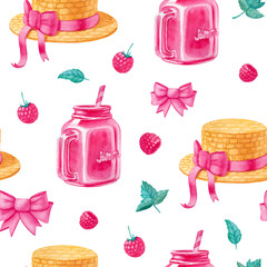 Watercolor seamless pattern with picnic elements in pastel colors