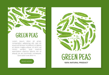 Green peas card templates set. Healthy natural organic product web banner, landing page cartoon vector