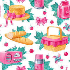 Watercolor seamless pattern with picnic elements in pastel colors