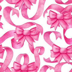 Watercolor seamless pattern with pink silk ribbons