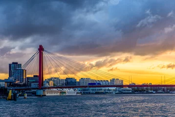 Foto op Canvas Blick von der Nieuwe Maas auf die Willemsbrücke und das Ufer von Rotterdam im leuchtenden Sonnenuntergang © Martina Schikore