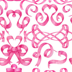 Watercolor seamless pattern with pink silk ribbons