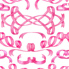 Watercolor seamless pattern with pink silk ribbons