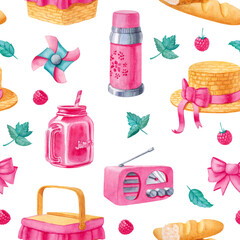 Watercolor seamless pattern with picnic elements in pastel colors