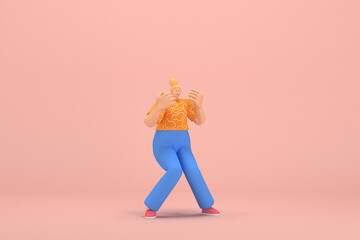 Fototapeta na wymiar The woman with golden hair tied in a bun wearing blue corduroy pants and Orange T-shirt with white stripes. She is expression of hand when talking. 3d rendering of cartoon character in acting.