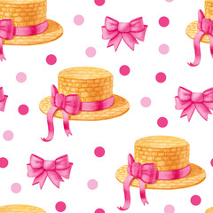 Watercolor seamless pattern with hat and bow in pastel colors