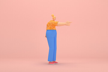 The woman with golden hair tied in a bun wearing blue corduroy pants and Orange T-shirt with white stripes.  She is expression  of hand when talking. 3d rendering of cartoon character in acting.