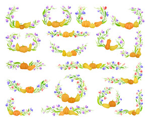 Wreaths and frames of autumn flowers and pumpkins set. Hello autumn, Thanksgiving day decor elements cartoon vector