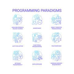 Programming paradigms blue gradient concept icons set. Coding styles idea thin line color illustrations. Advantages and disadvantages. Isolated symbols. Roboto-Medium, Myriad Pro-Bold fonts used - obrazy, fototapety, plakaty
