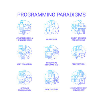 Programming paradigms blue gradient concept icons set. Coding styles idea thin line color illustrations. Advantages and disadvantages. Isolated symbols. Roboto-Medium, Myriad Pro-Bold fonts used