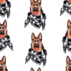 Shepherd dog with glasses and with neckerchief.Dog head seamless pattern on white.Background for printing on fabric and paper.Endless wallpaper with cute animal.Vector flat cartoon illustration. 
