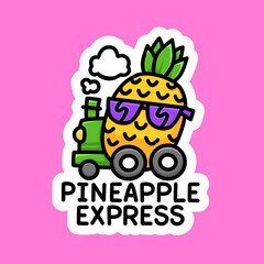 Happy Smiling Pineapple in Sunglasses Cartoon Line Art Style Illustration.