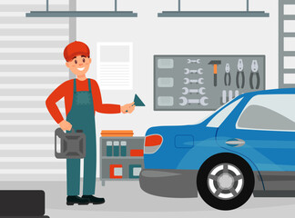 Car service worker changing oil and repairing car in maintenance workshop. Male mechanics in overalls repairing car cartoon vector