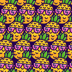 Happy Smiling Pineapple in Sunglasses Cartoon Line Art Style Seamless Vector Pattern Illustration.