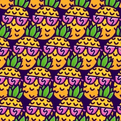 Foto auf Acrylglas Happy Smiling Pineapple in Sunglasses Cartoon Line Art Style Seamless Vector Pattern Illustration. © dmitriylo