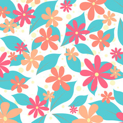 Pattern with flowers and leaves on white background. Vector illustration.