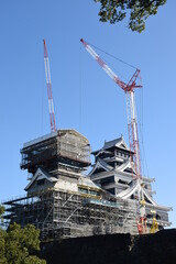 Kumamoto Castle during construction works after an earthquake in 2016,  a large and well fortified wooden castle
