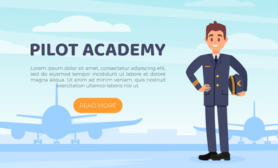 Pilot academy vector landing page. Pilot training school, flight crew education, aviation transportation website cartoon vector