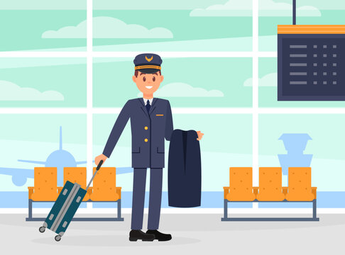 Pilot of aircraft waiting for flight. Cheerful man in uniform standing with suitcase in airport lounge cartoon vector