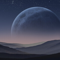 Fototapeta na wymiar Desolate Planet without Life with Large Planet in Stary Sky at Night
