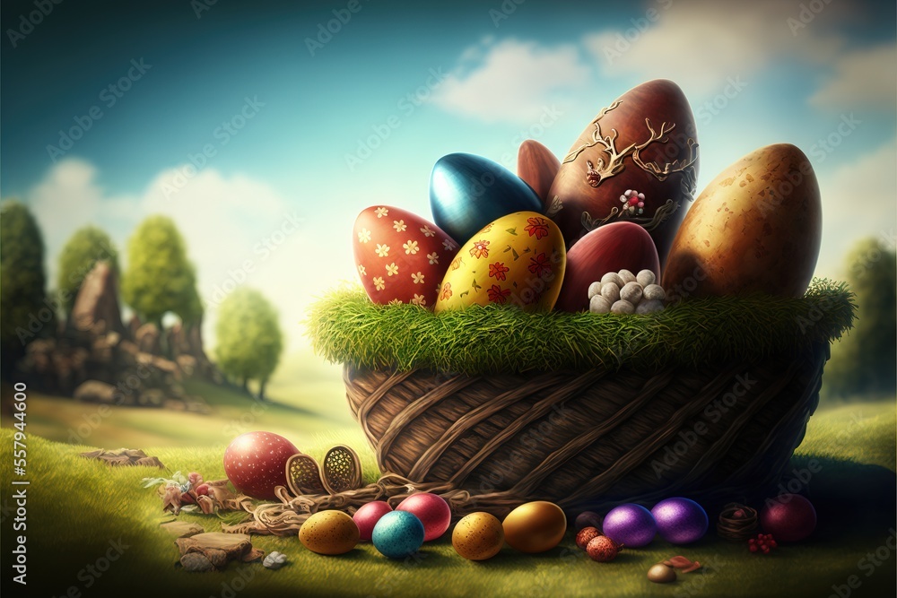 Aufkleber a basket filled with lots of colorful eggs on top of a green grass covered field next to a forest fi