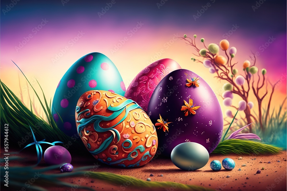 Poster a painting of a group of easter eggs in the sand with grass and flowers in the foreground and a purp
