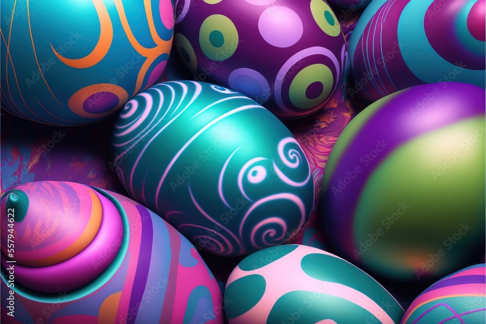 Poster a pile of colorfully painted eggs sitting on top of each other in a pile of other colored eggs in a 