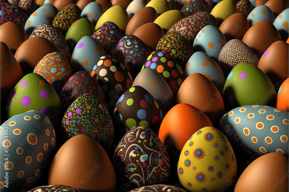 Poster a large group of eggs with different colors and designs on them. generative ai