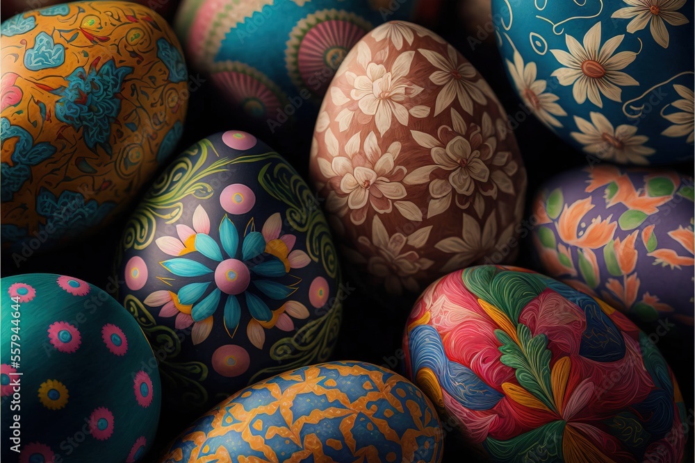 Poster a pile of colorfully painted eggs sitting next to each other on top of each other on top of a table 