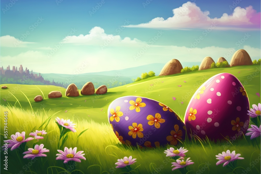 Poster a painting of two easter eggs in a field of flowers with a mountain in the background and a blue sky